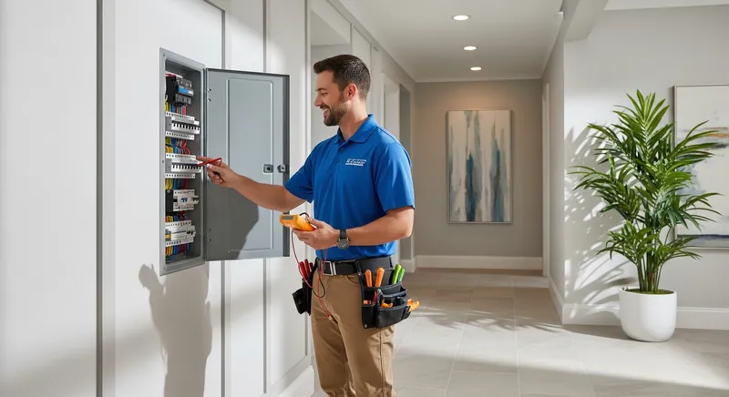 electrician undertaking an electrical inspection on a residential electrical panel for electrical code compliance
